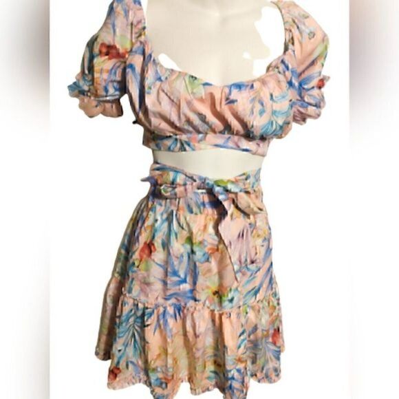 Off Shoulder Floral Print Top & Frill Hem Skirt Set Women Sets 2 Piece Set  XL - Picture 3 of 5